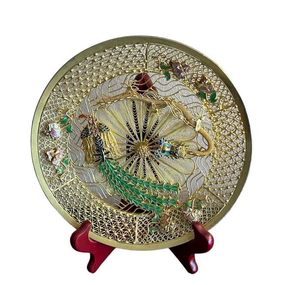 Chinese gold filigree enamel 3D dragon Phoenix decorative plate